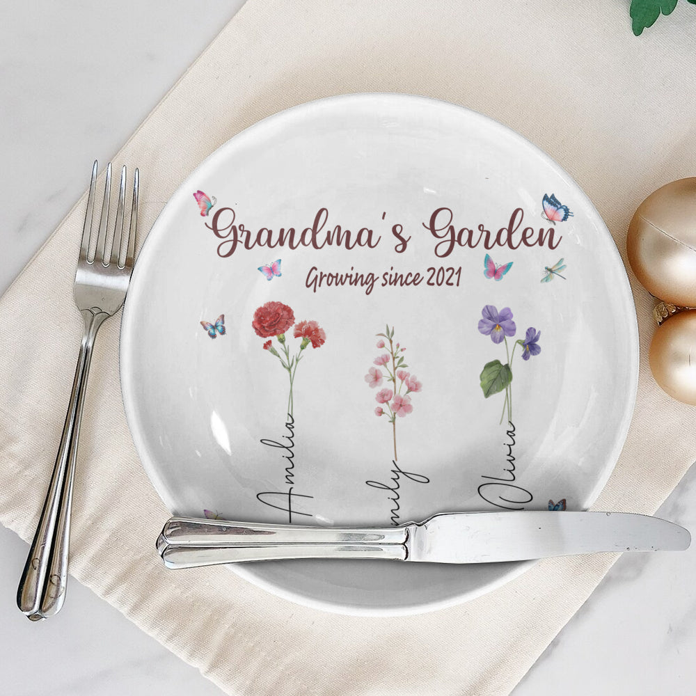 Grandma's Garden Growing Since Custom Year Grandchild's Name Birth Flower Ceramic Plate, Gift For Mom, Gift For Grandma, Mother's Day Gift