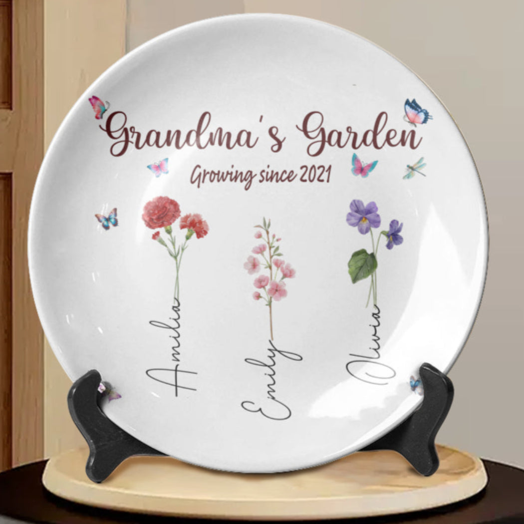Grandma's Garden Growing Since Custom Year Grandchild's Name Birth Flower Ceramic Plate, Gift For Mom, Gift For Grandma, Mother's Day Gift