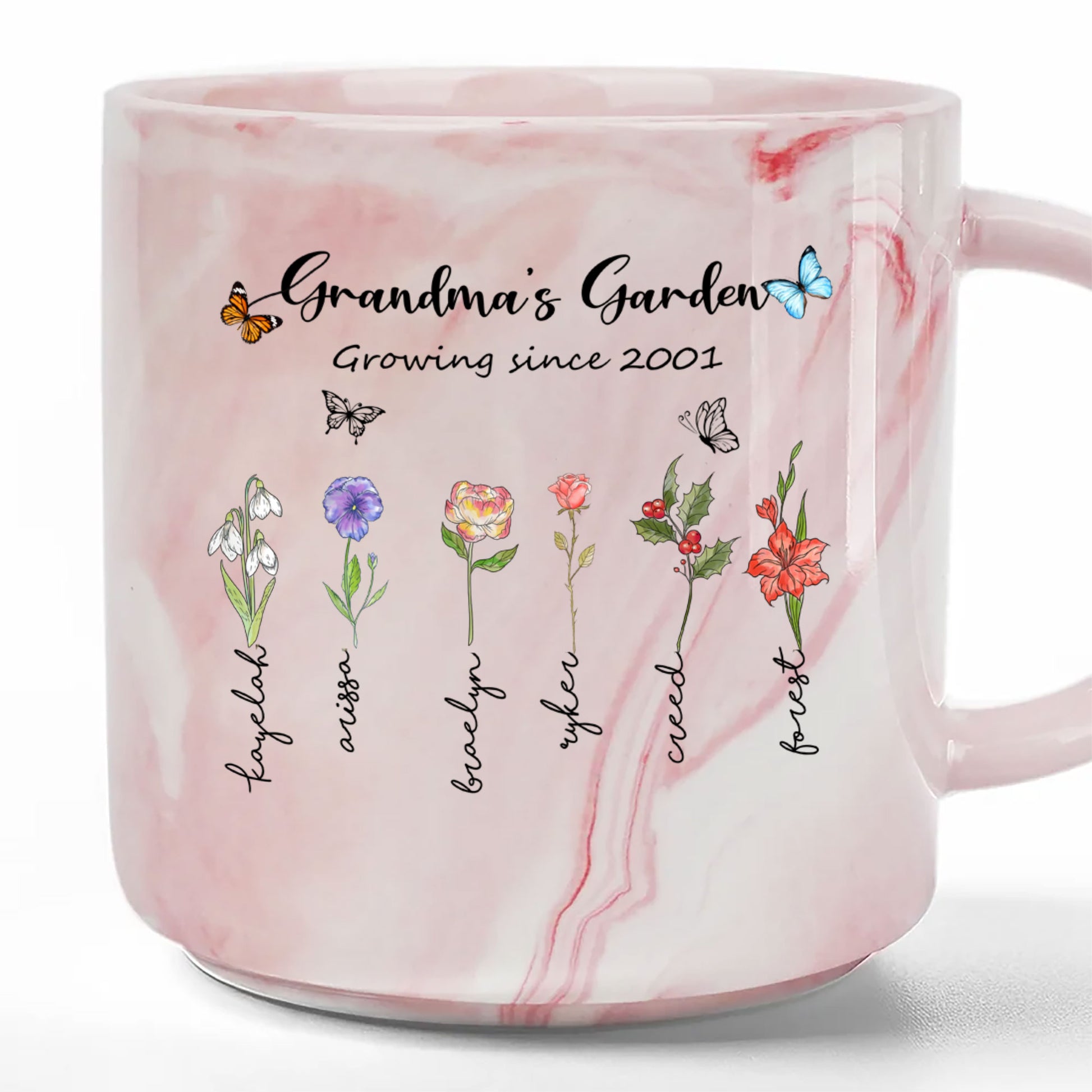 Grandma's Garden Growing Since Custom Year Grandchild's Name Birth Flower Marble Mug