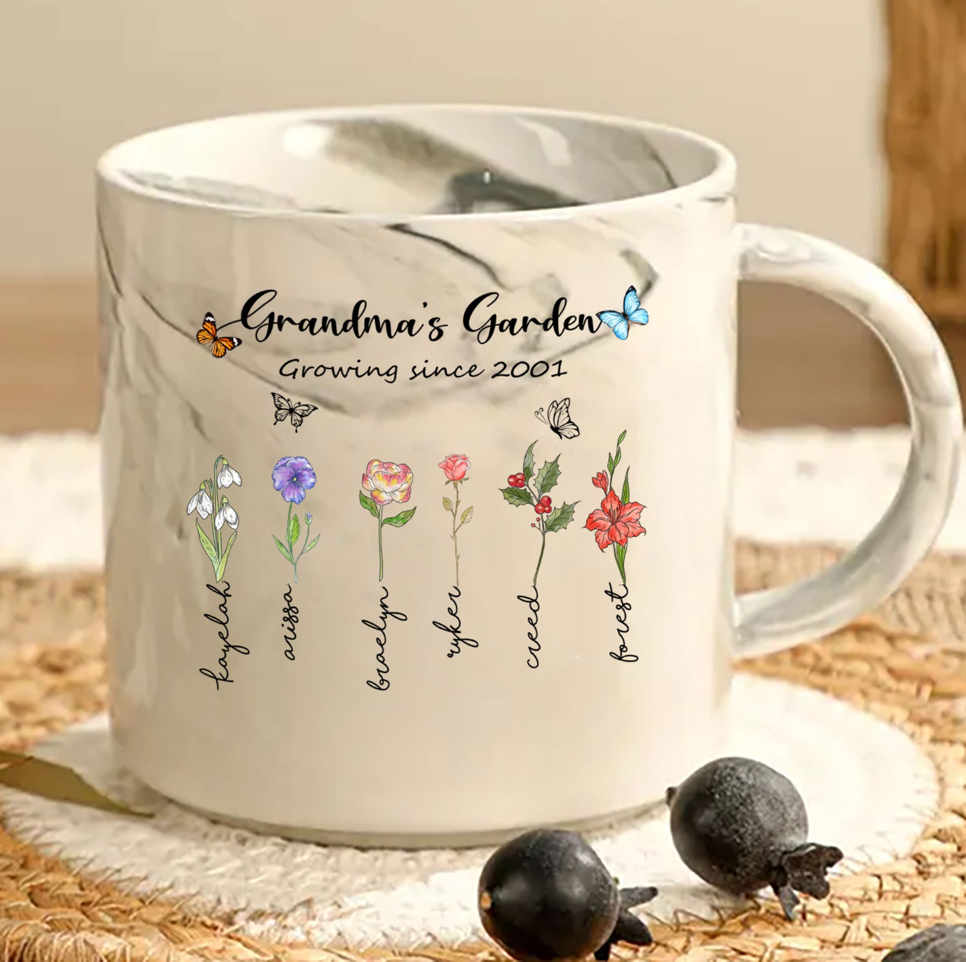 Grandma's Garden Growing Since Custom Year Grandchild's Name Birth Flower Marble Mug, Gift For Mom