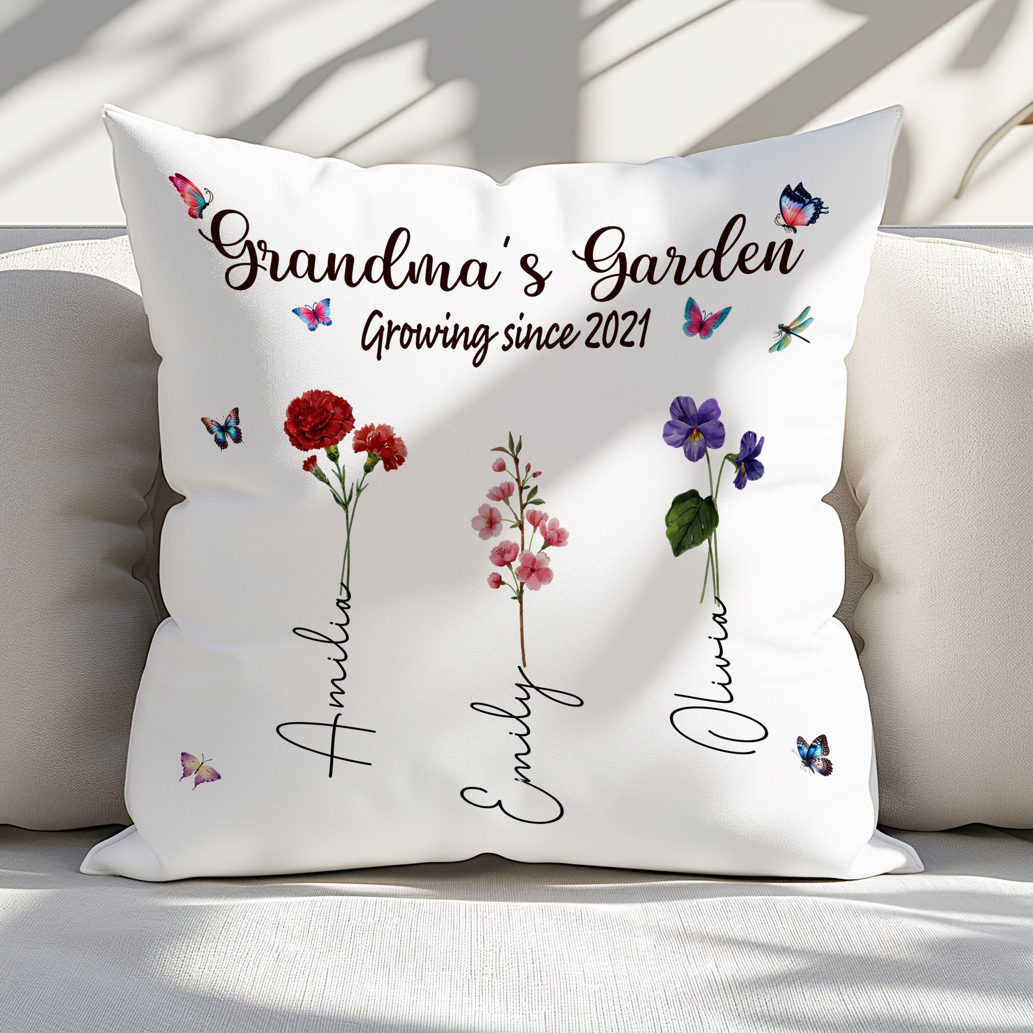 Grandma's Garden Growing Since Custom Year Grandchild's Name with Birth Flower Pillow, Gift For Mom, Gift For Grandma, Birthday Gift, Mother's Day Gift