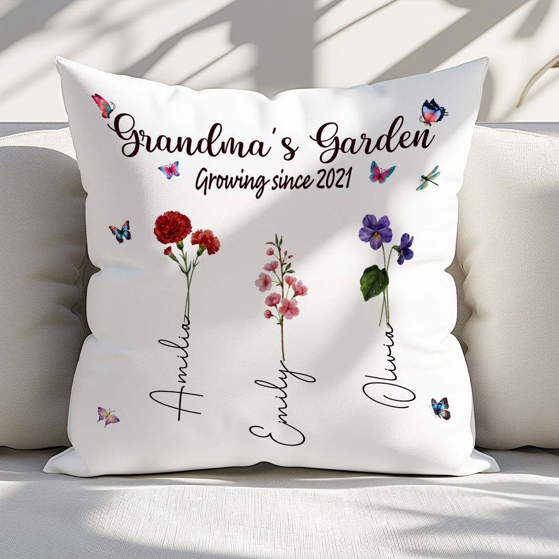 Grandma's Garden Growing Since Custom Year Grandchild's Name with Birth Flower Pillow, Gift For Mom, Gift For Grandma, Birthday Gift, Mother's Day Gift