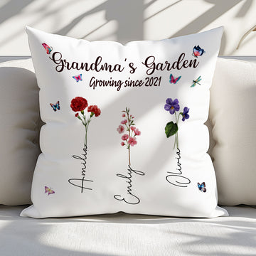 Grandma's Garden Growing Since Custom Year Grandchild's Name with Birth Flower Pillow, Gift For Mom, Gift For Grandma, Birthday Gift, Mother's Day Gift