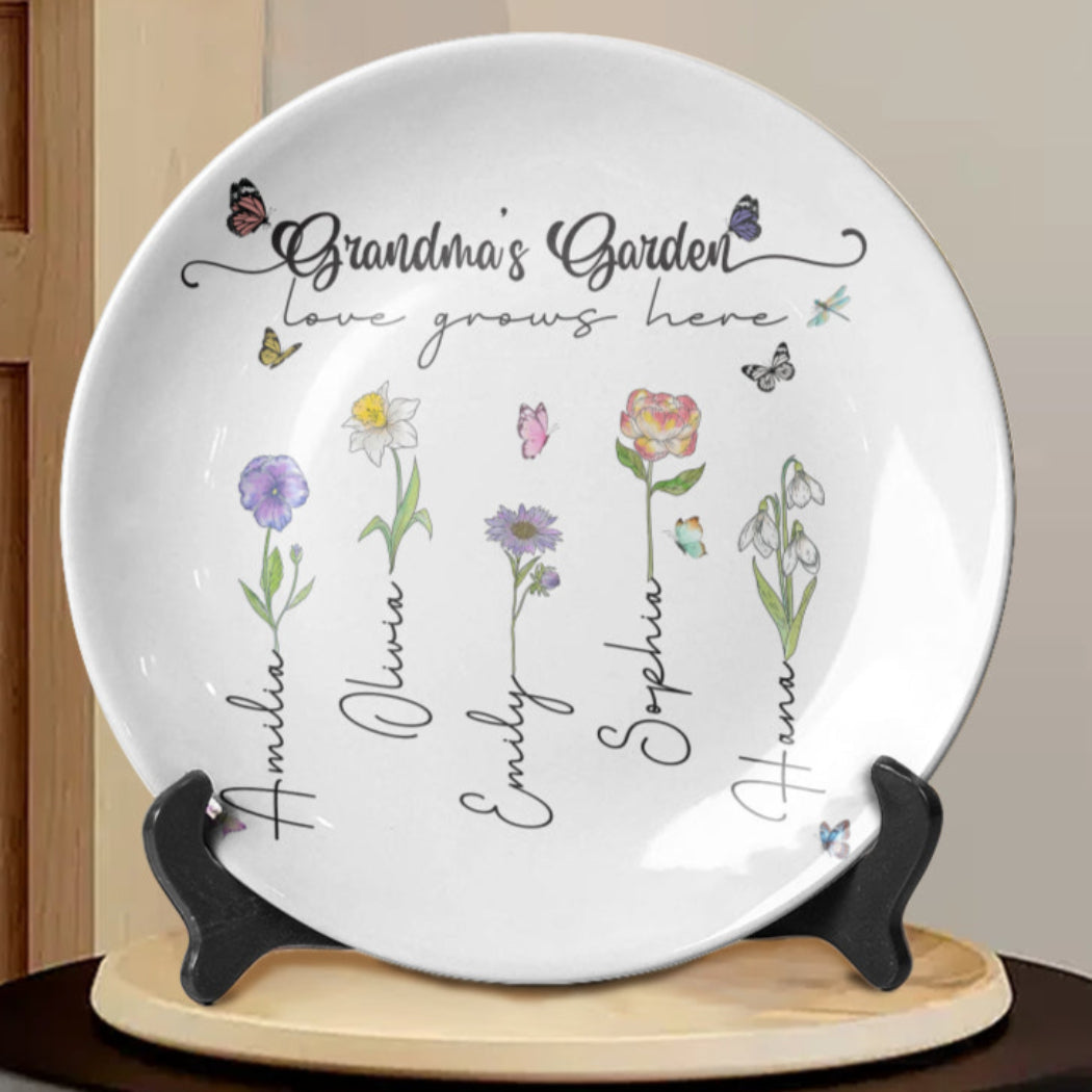 Grandma's Garden Love Grows Here Birth Flower Custom Grandchild's Name Ceramic Plate, Gift For Mom, Gift For Grandma, Mother's Day Gift