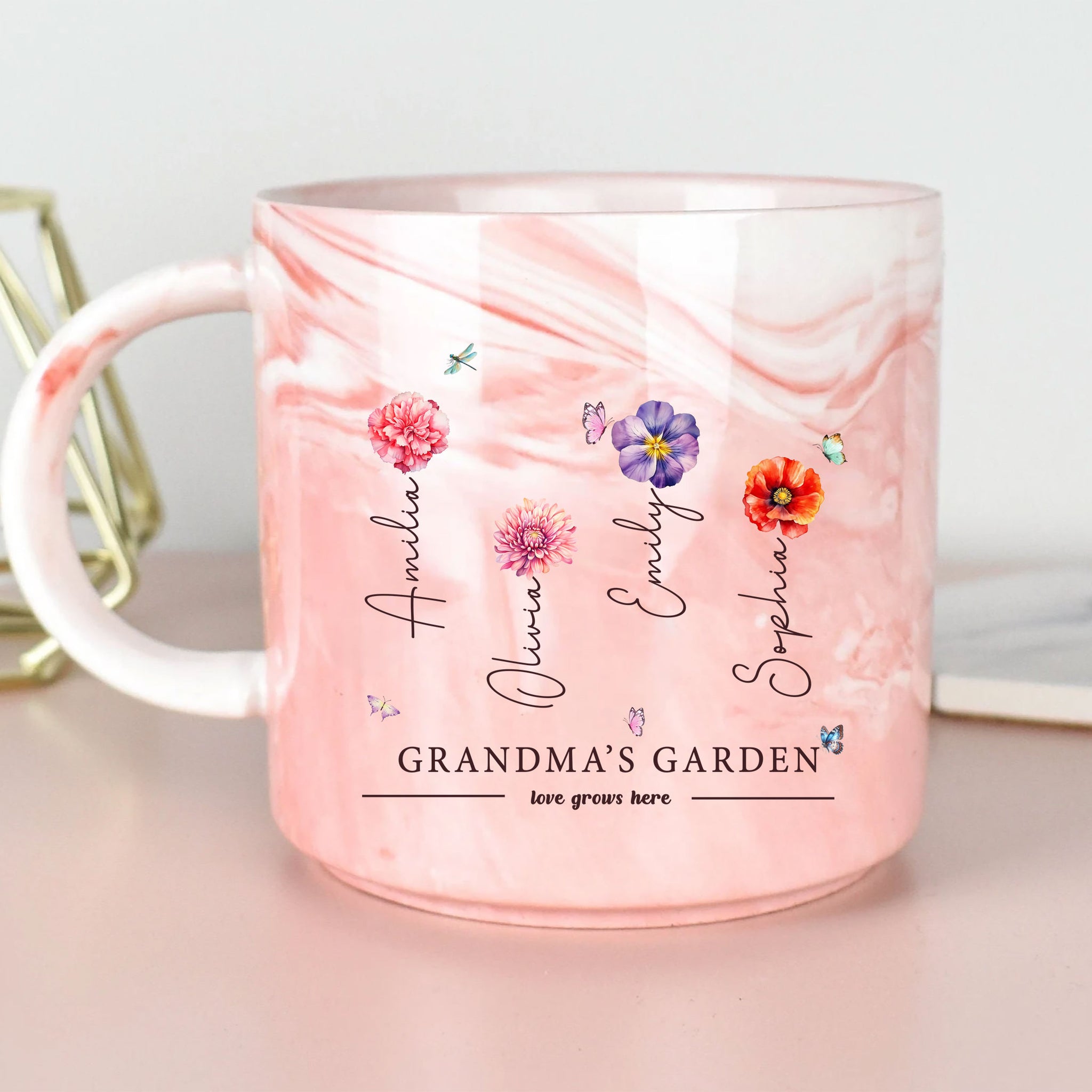 Grandma's Garden Love Grows Here Birth Flower Custom Grandchild's Name Marble Mug