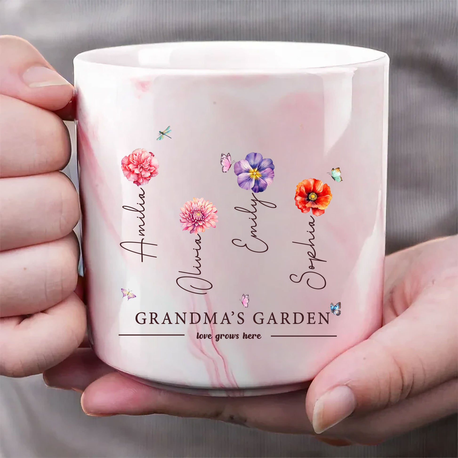Grandma's Garden Love Grows Here Birth Flower Custom Grandchild's Name Marble Mug, Gift For Mom