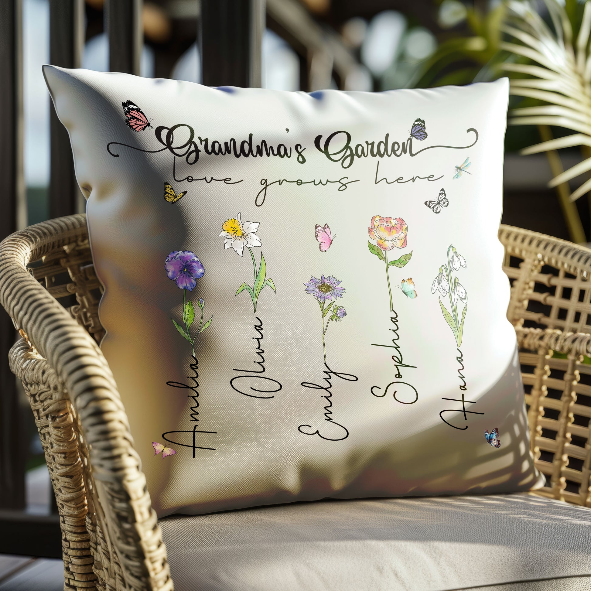 Grandma's Garden Love Grows Here Birth Flower Custom Grandchild's Name Pillow