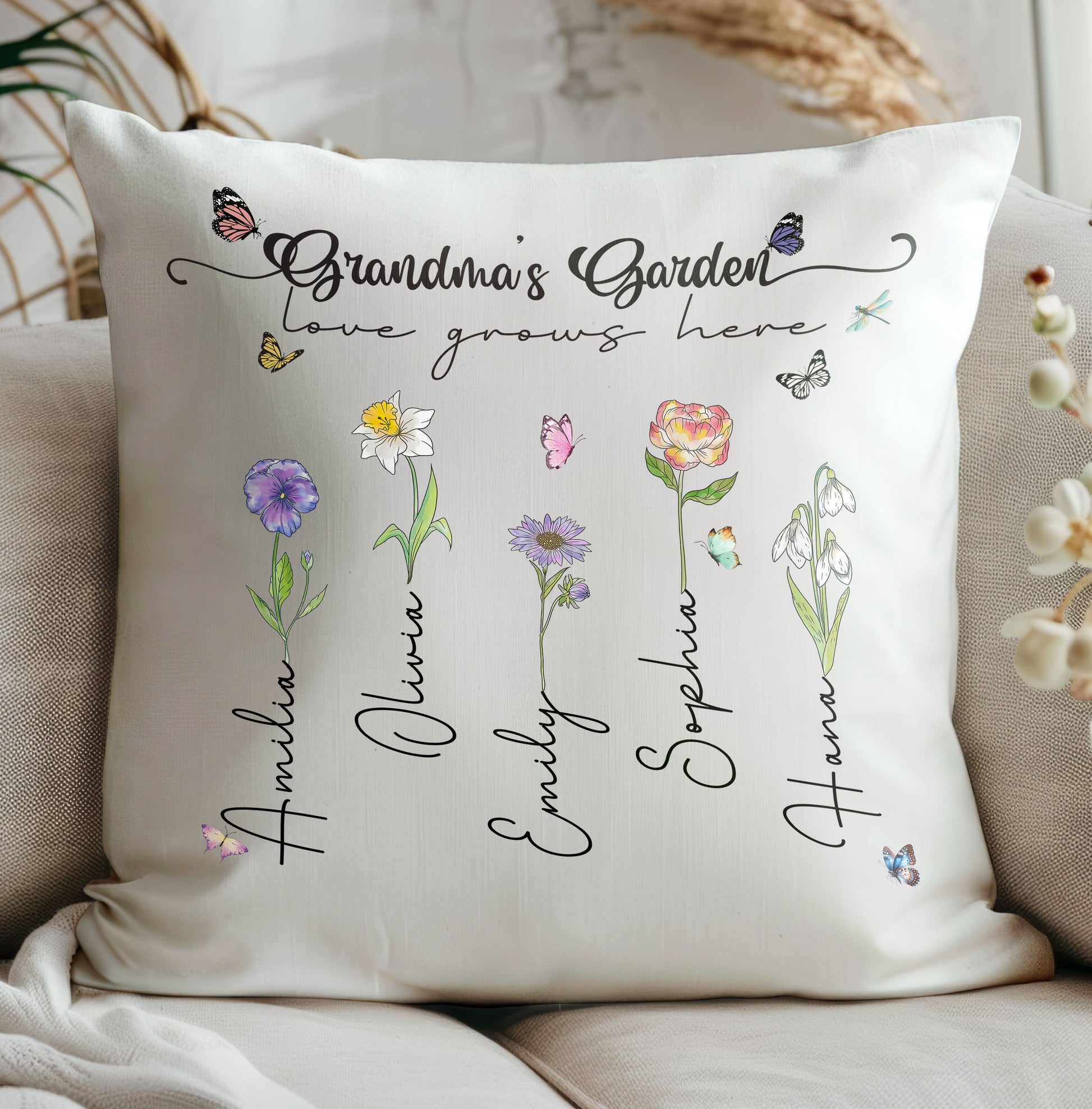 Grandma's Garden Love Grows Here Birth Flower Custom Grandchild's Name Pillow, Gift For Mom