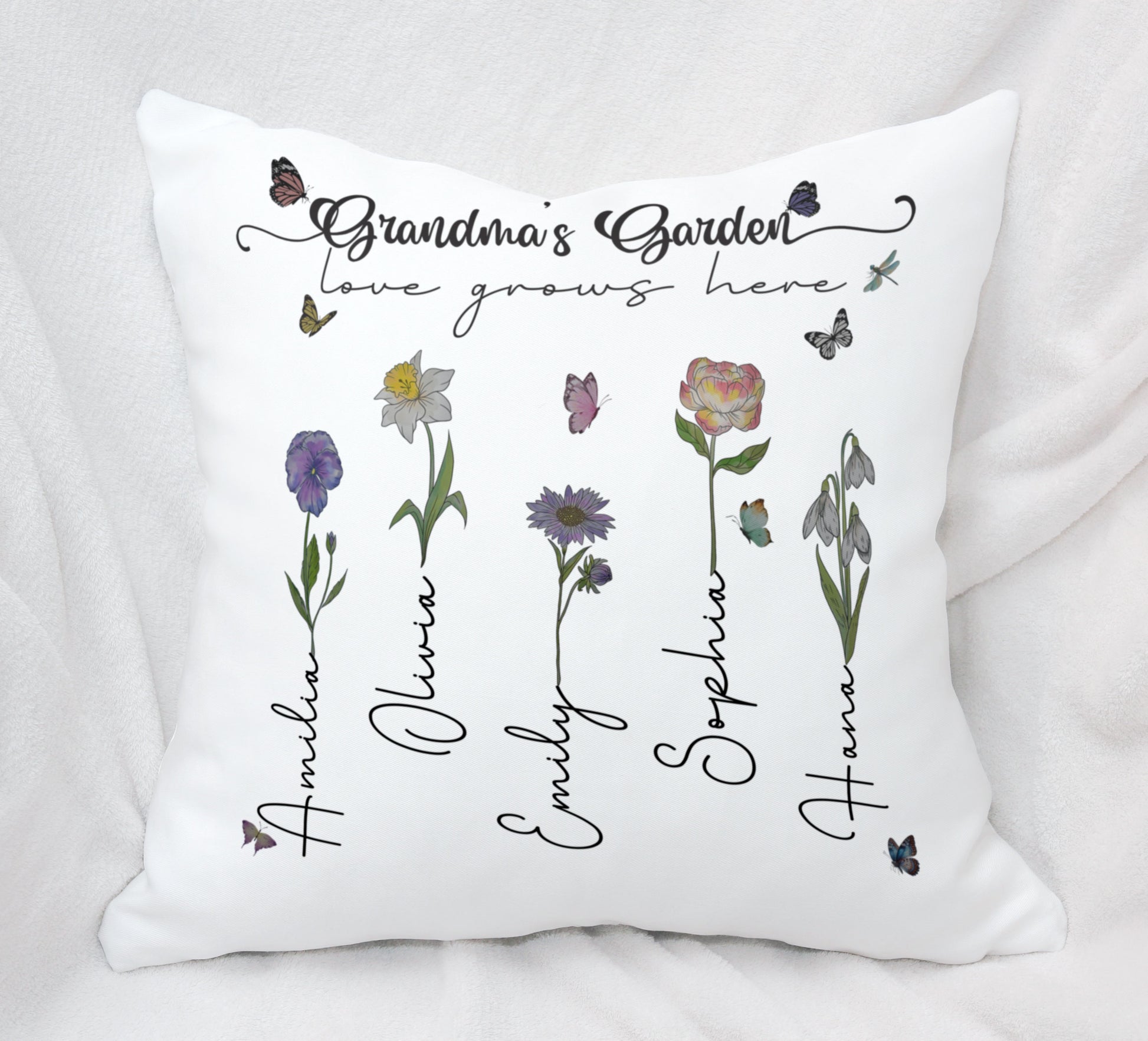 Grandma's Garden Love Grows Here Birth Flower Custom Grandchild's Name Pillow, Gift For Mom, Gift For Grandma