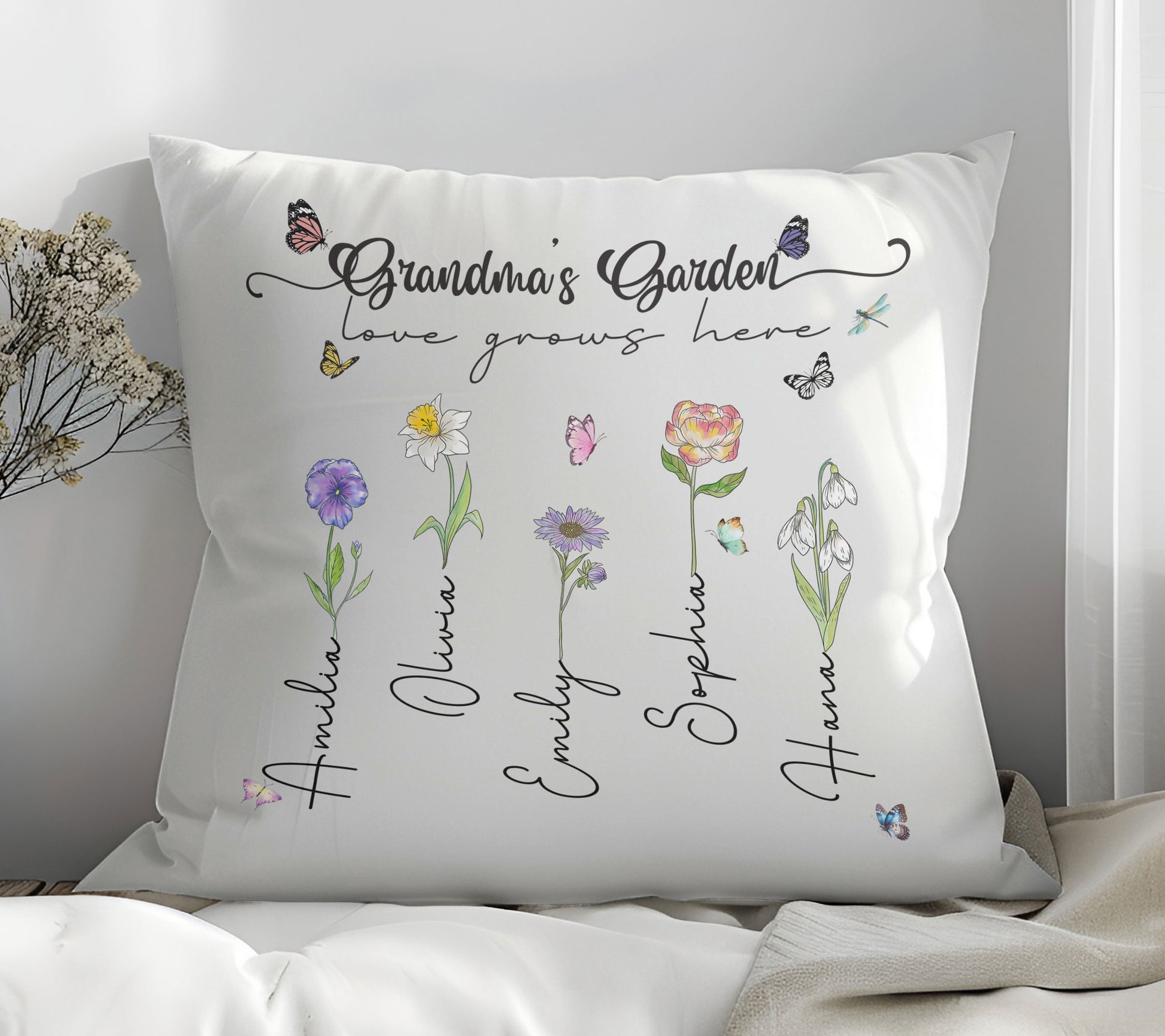 Grandma's Garden Love Grows Here Birth Flower Custom Grandchild's Name Pillow, Gift For Mom, Gift For Grandma, Birthday Gift