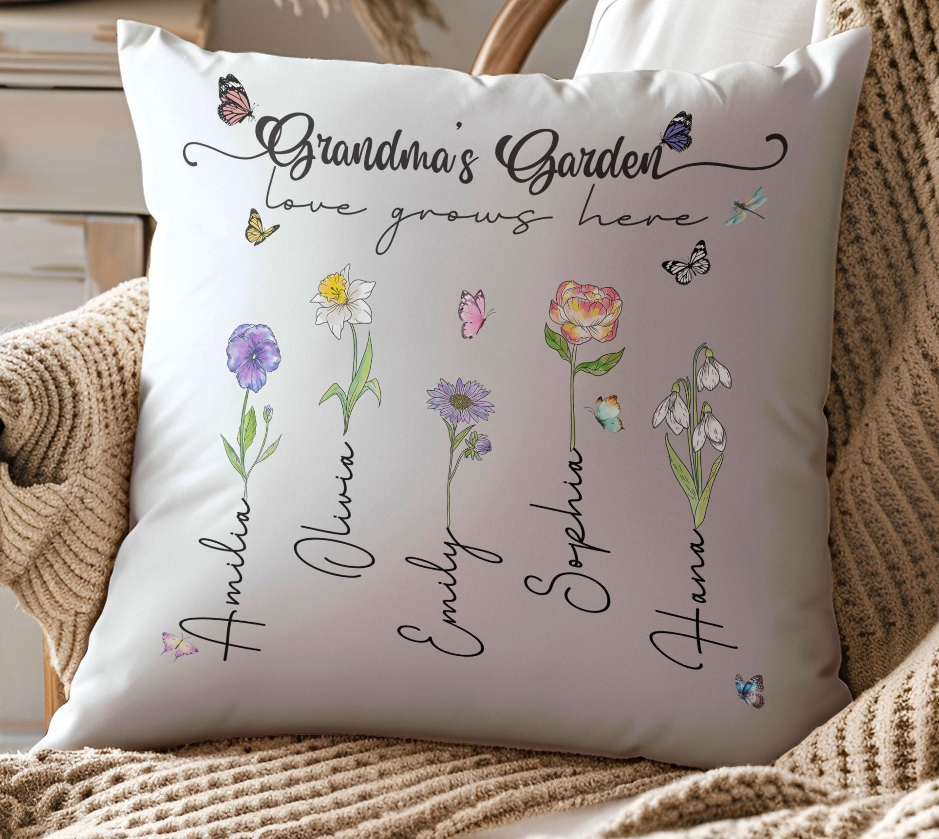 Grandma's Garden Love Grows Here Birth Flower Custom Grandchild's Name Pillow, Gift For Mom, Gift For Grandma, Birthday Gift, Mother's Day Gift