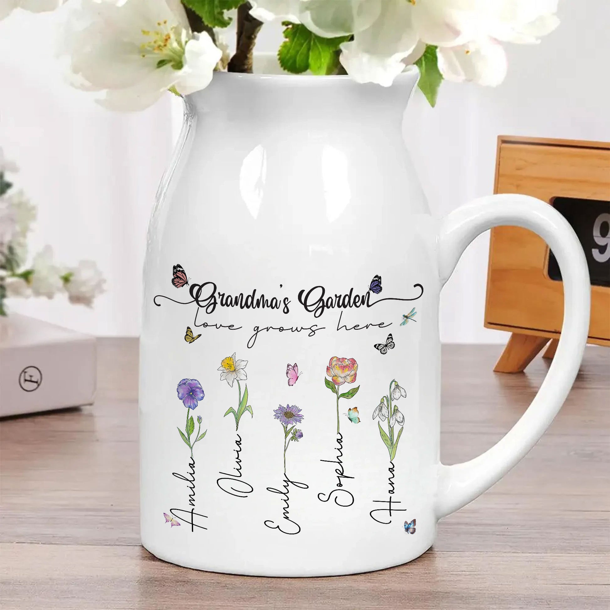 Grandma's Garden Love Grows Here Birth Flower Personalized Ceramic Vase, Custom Grandma Gift
