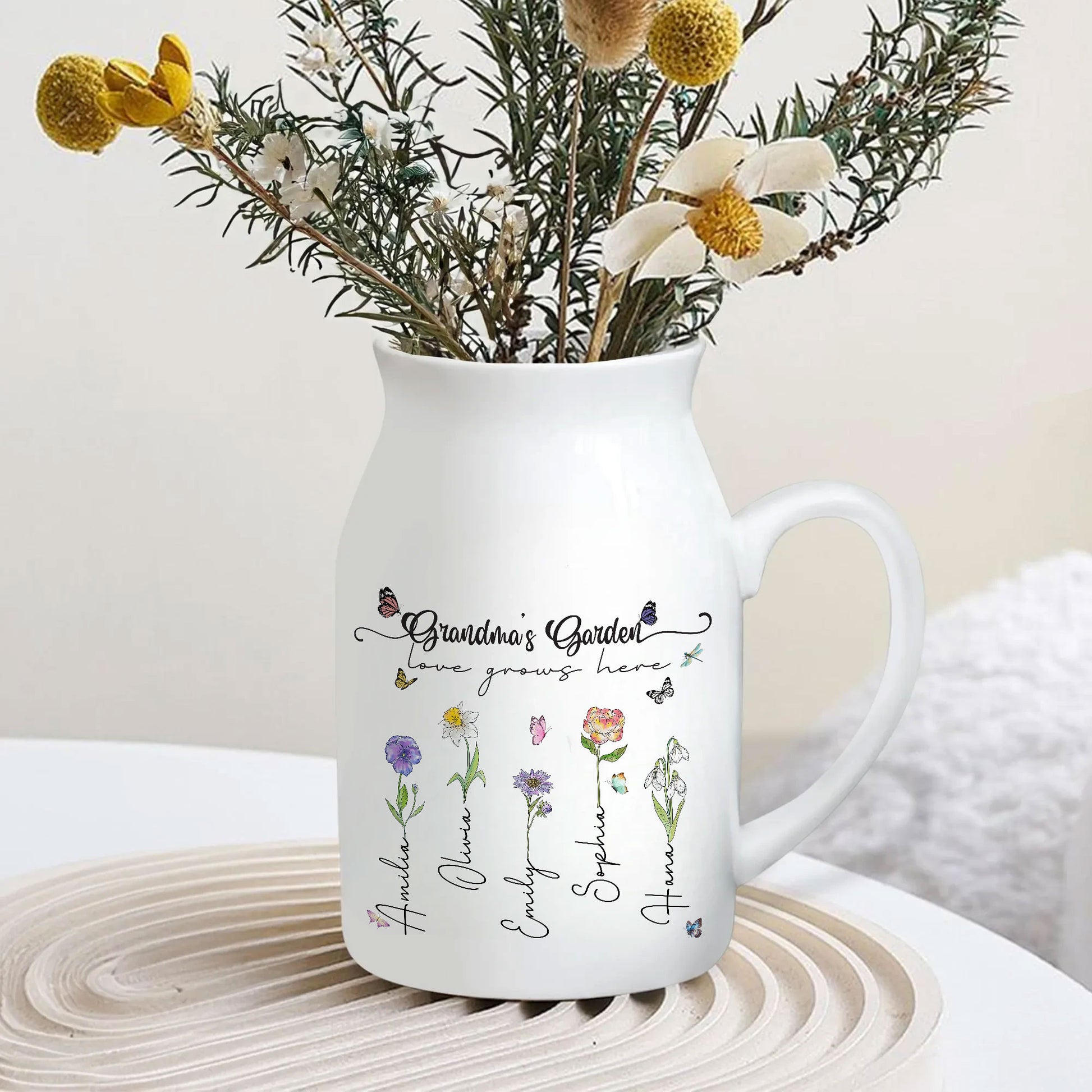 Grandma's Garden Love Grows Here Birth Flower Personalized Ceramic Vase, Custom Grandma Gift, Custom Mother's Day Gift