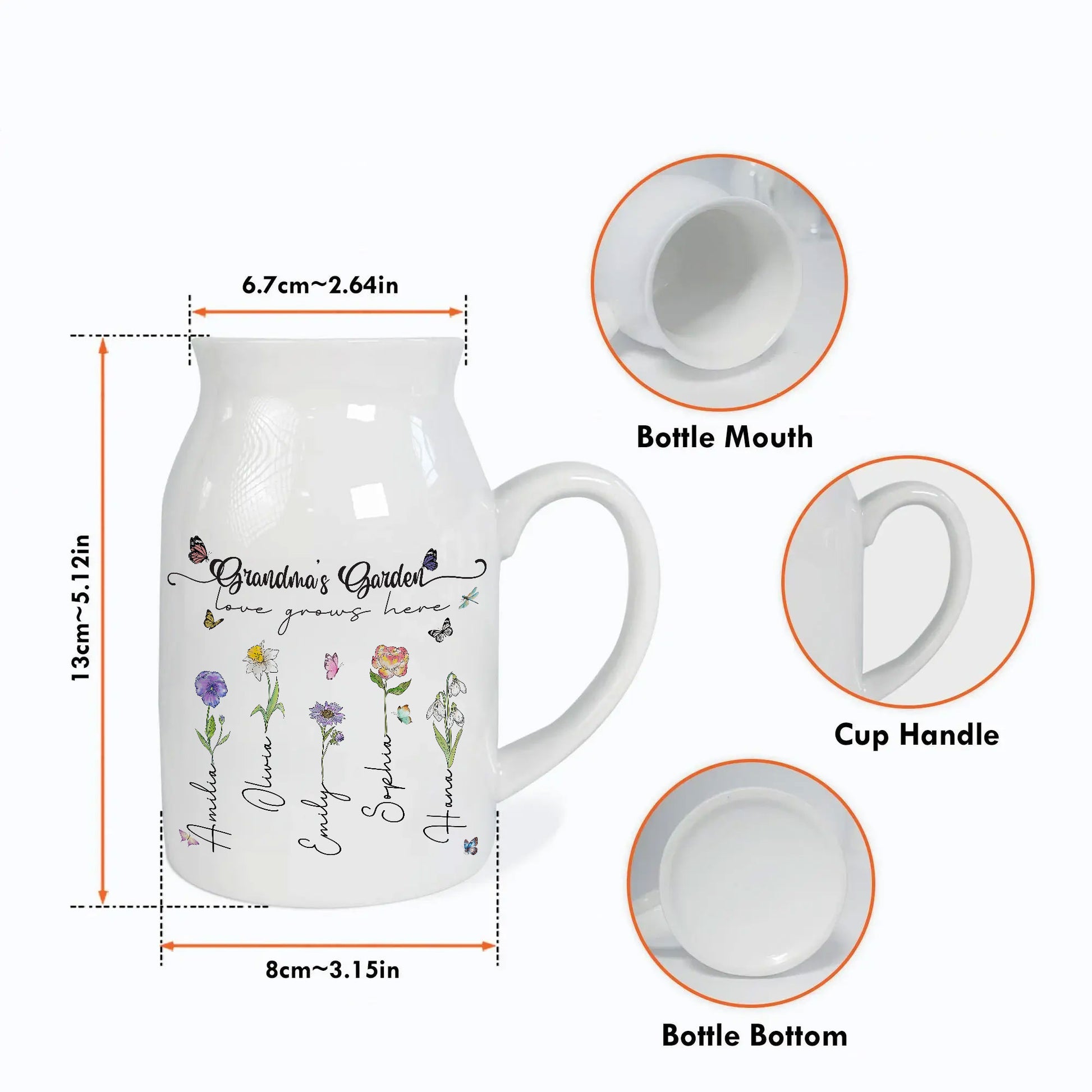 Grandma's Garden Love Grows Here Birth Flower Personalized Ceramic Vase, Custom Grandma Gift, Custom Mother's Day Gift, Personalized Birth Flower Gift With Special Message