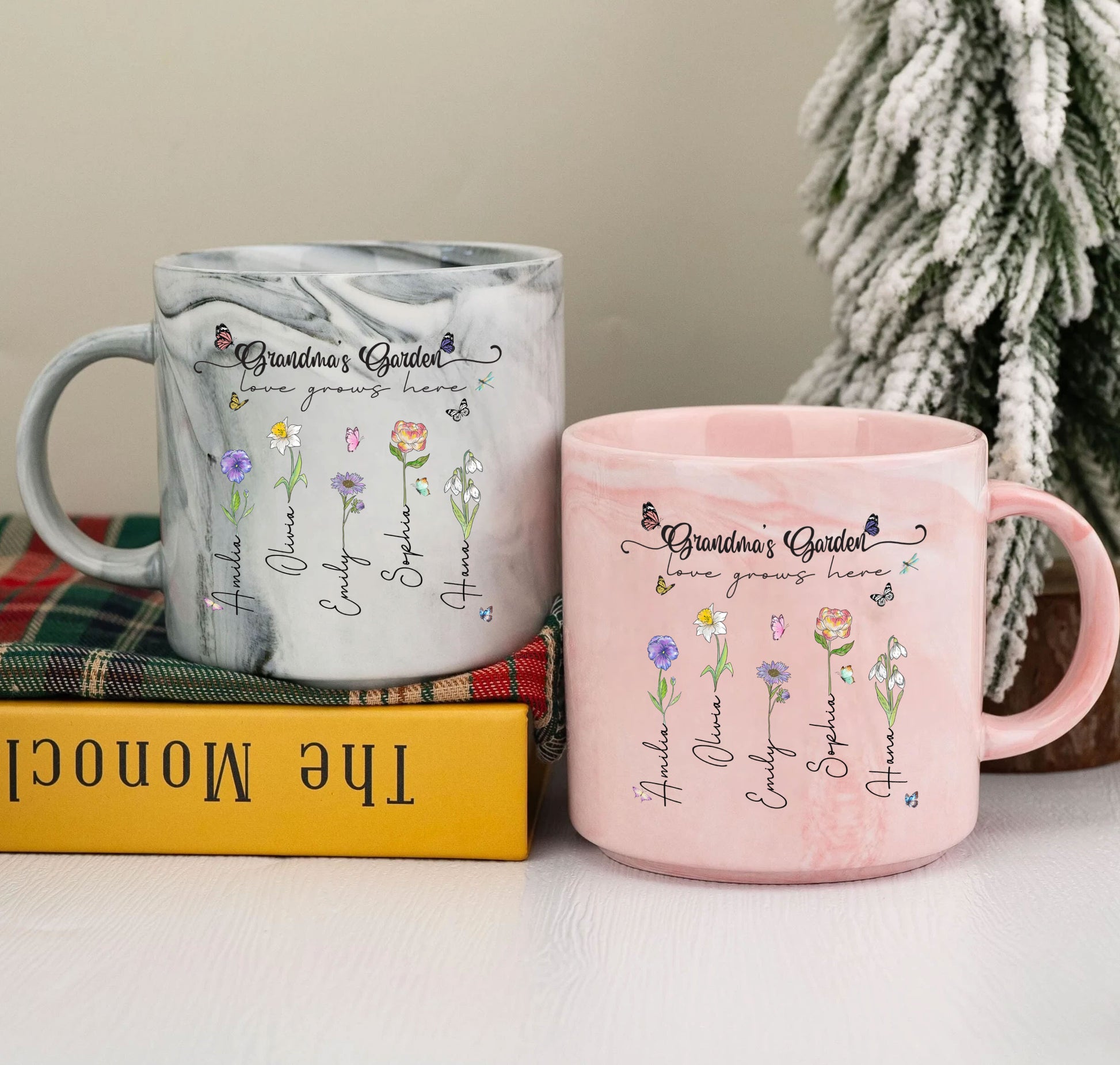 Grandma's Garden Love Grows Here Birth Flower Personalized Marble Mug, Gift For Mom, Gift For Grandma