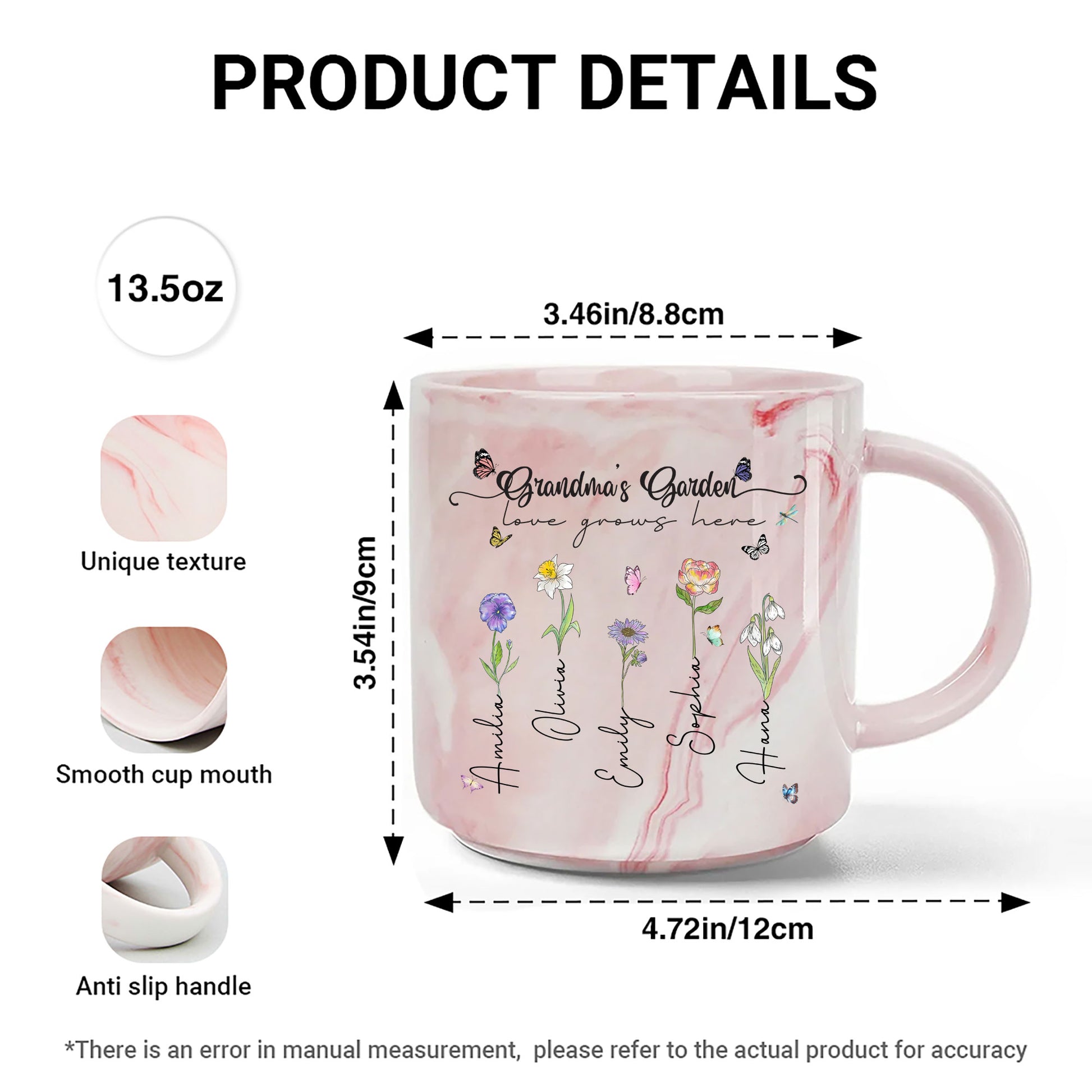 Grandma's Garden Love Grows Here Birth Flower Personalized Marble Mug, Gift For Mom, Gift For Grandma