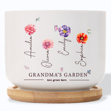 Grandma's Garden Love Grows Here Birth Flower Personalized Plant Pot