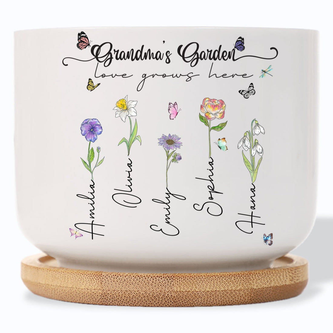 Grandma's Garden Love Grows Here Birth Flower Personalized Plant Pot (X)