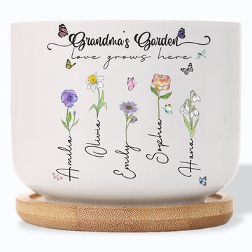 Grandma's Garden Love Grows Here Birth Flower Personalized Plant Pot (X)