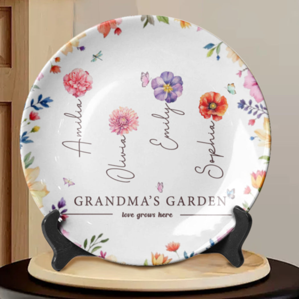 Grandma's Garden Love Grows Here Custom Grandchild's Name With Birth Flower Ceramic Plate, Gift For Mom, Gift For Grandma, Mother's Day Gift