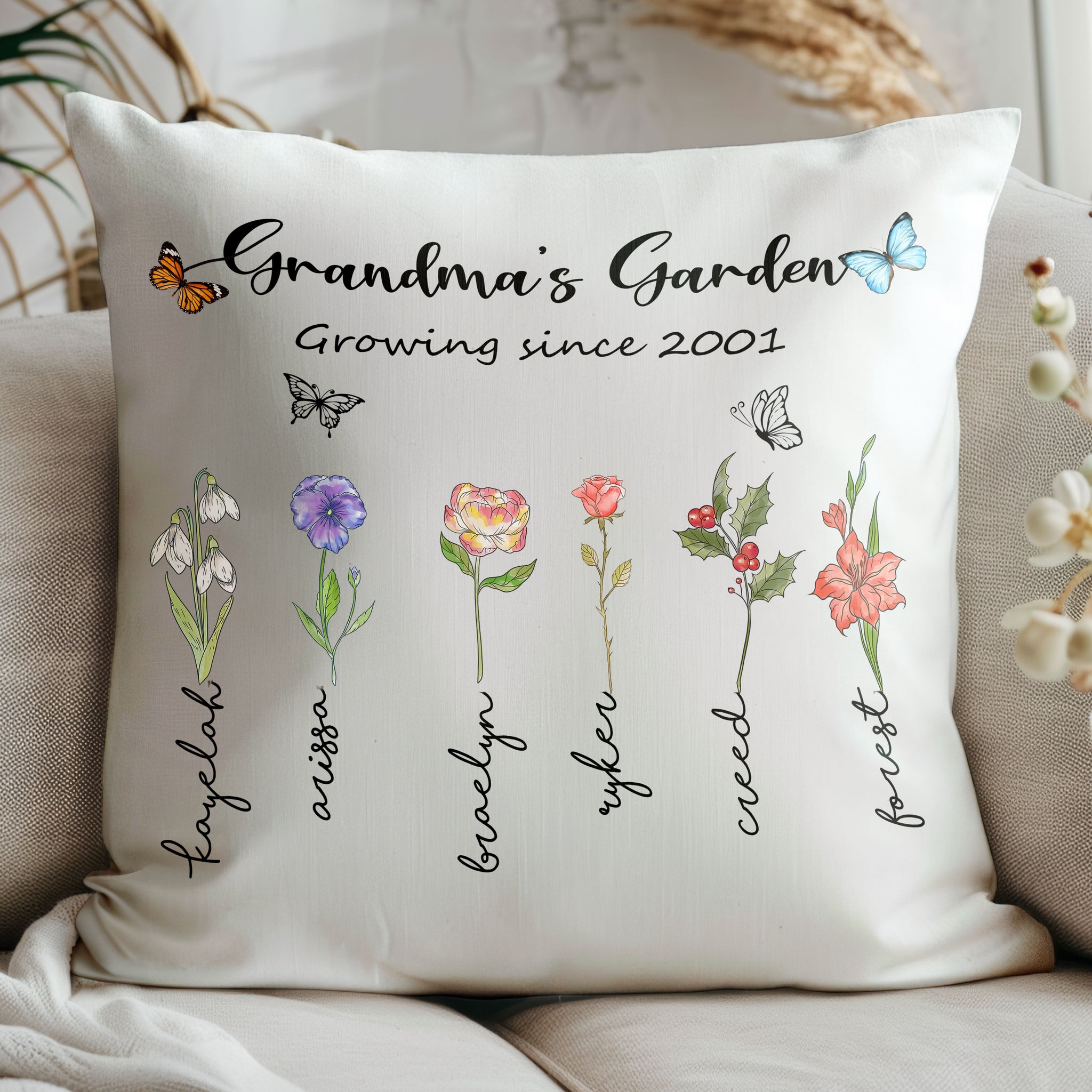 Grandma's Garden Pillow Personalized With Grandchild's Name And Birth Flower
