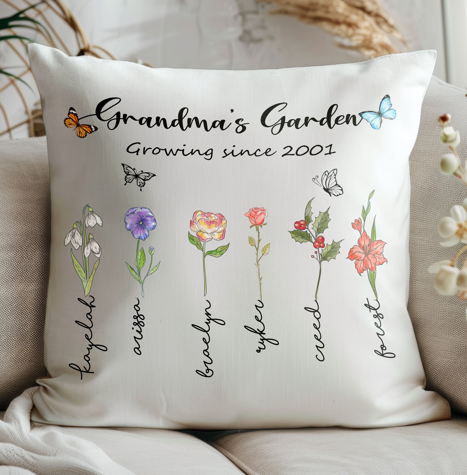 Grandma's Garden Pillow Personalized With Grandchild's Name And Birth Flower