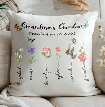 Grandma's Garden Pillow Personalized With Grandchild's Name And Birth Flower
