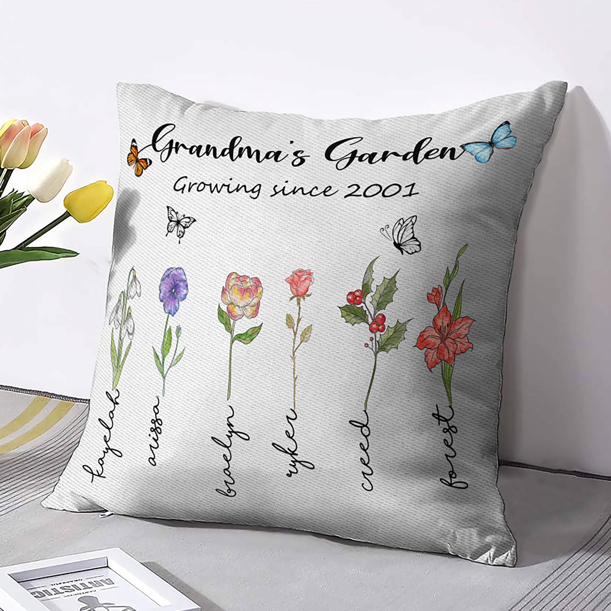 Grandma's Garden Pillow Personalized With Granddaughter's Name And Birth Flower


