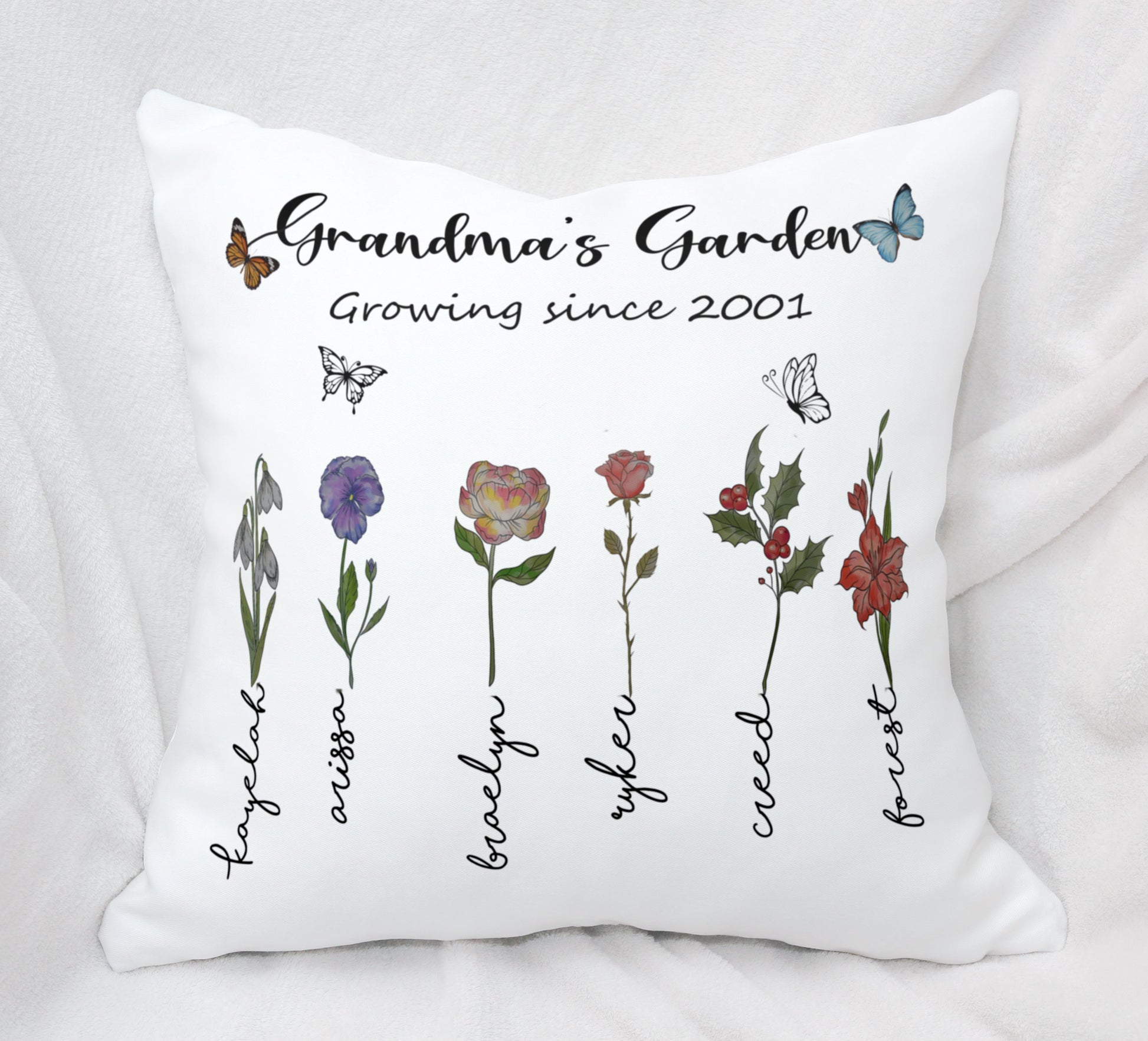 Grandma's Garden Pillow With Birth Flowers For All Grandchildren

