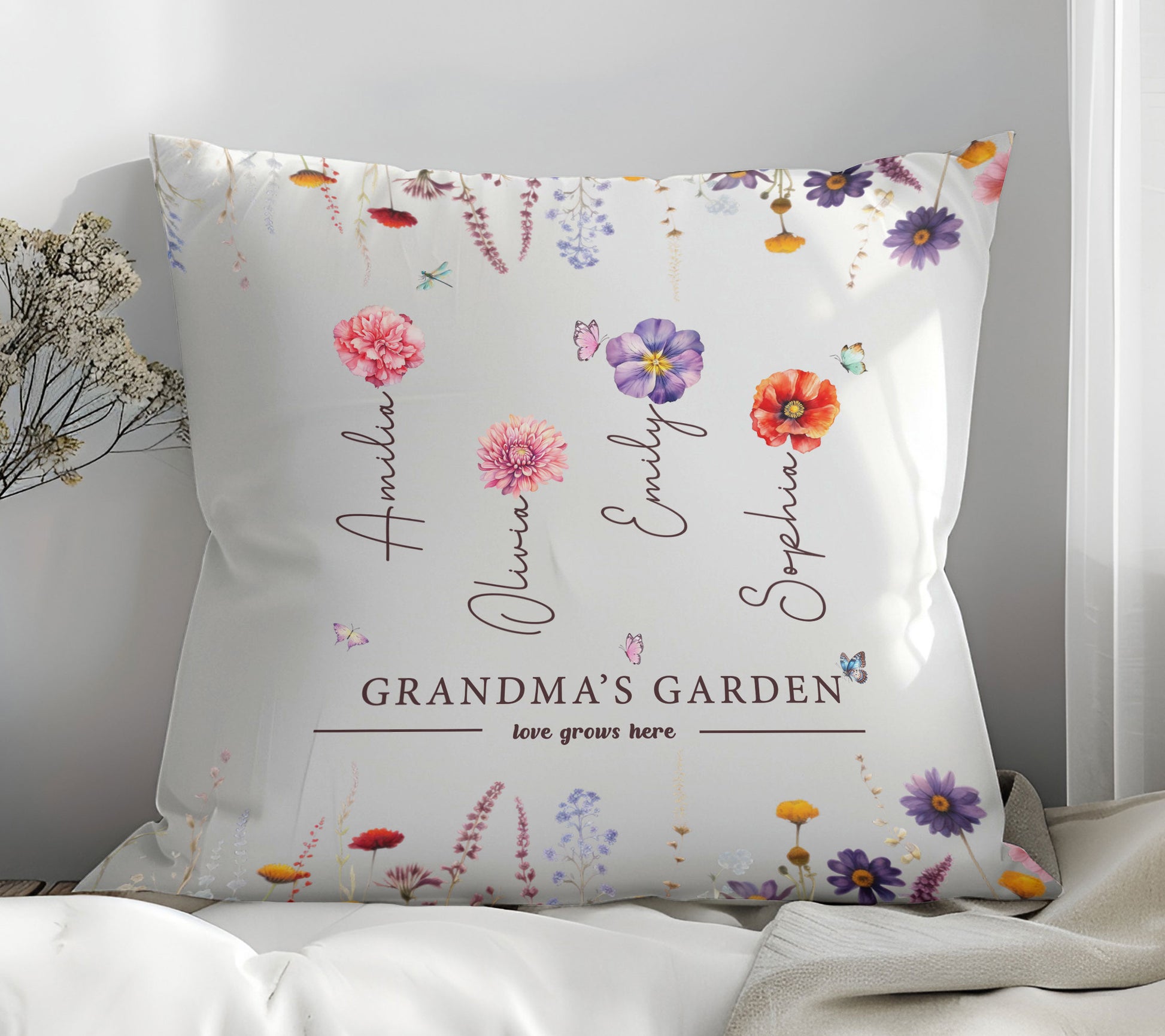 Grandma's Garden Pillow with Custom Grandchild's Name and Birth Flower

