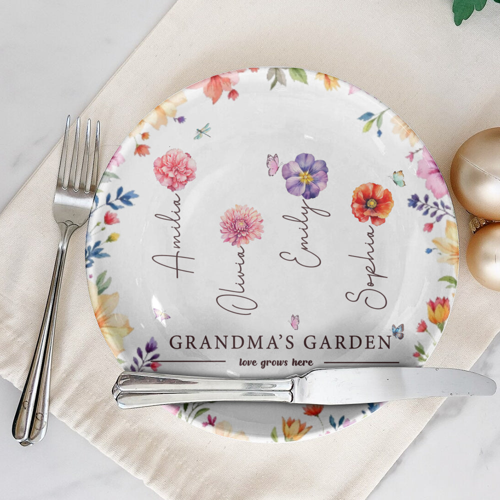 Grandma's Garden Plate Gift for Mom with Grandchild's Name and Birth Flower

