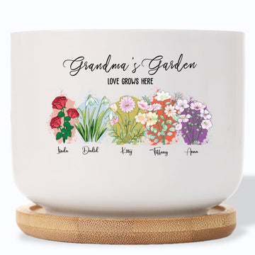 Grandma's Garden: Where Love Blooms Forever – Birth Month Flower Custom Name Ceramic Plant Pot