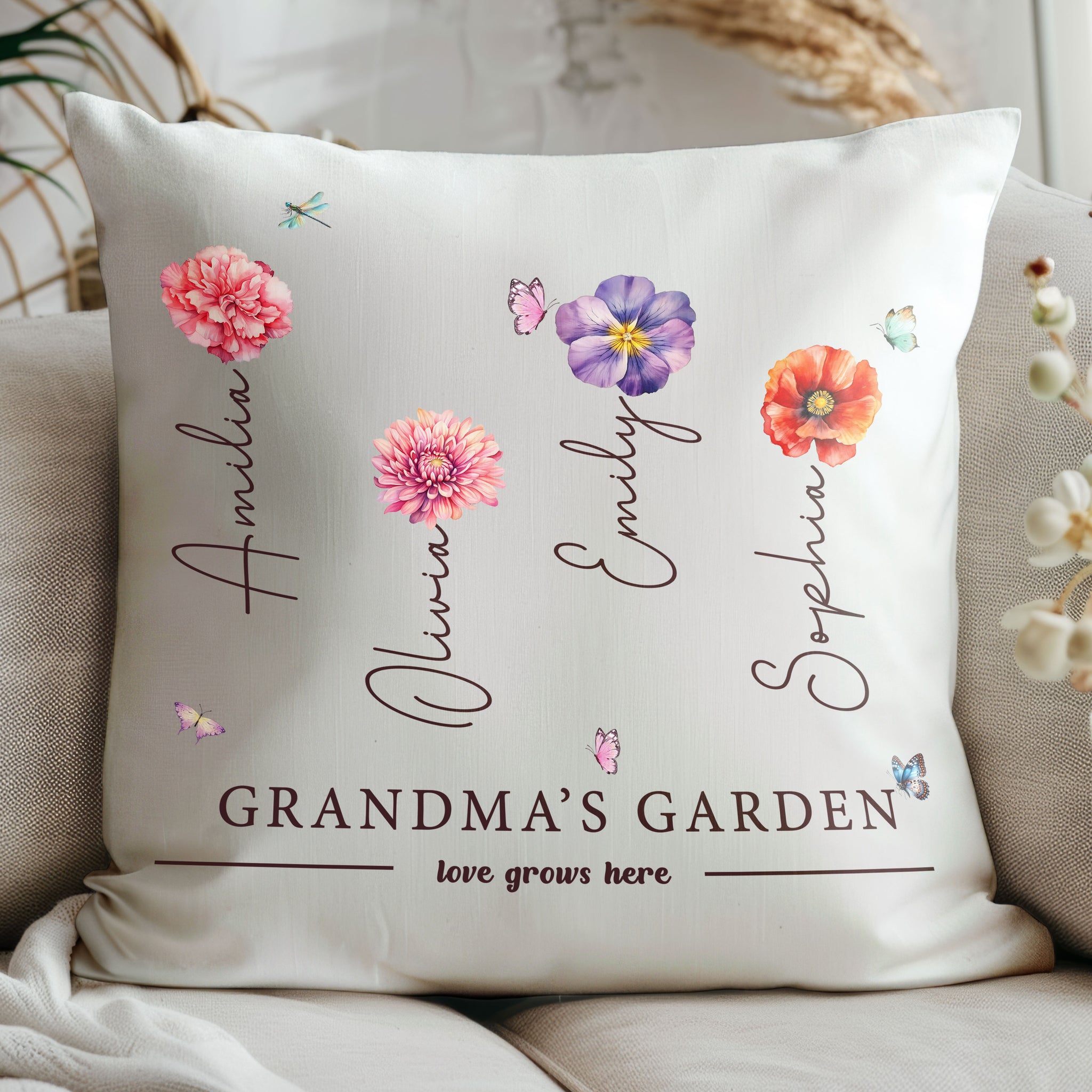 Grandma's Garden personalized pillow with grandchild's name and birth flower
