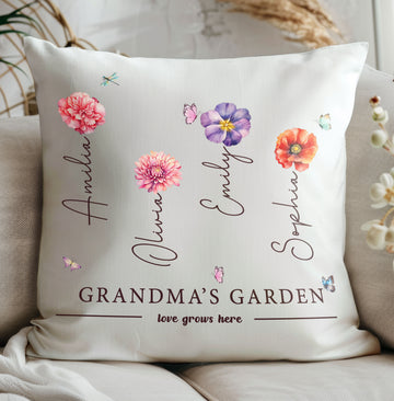 Grandma's Garden personalized pillow with grandchild's name and birth flower
