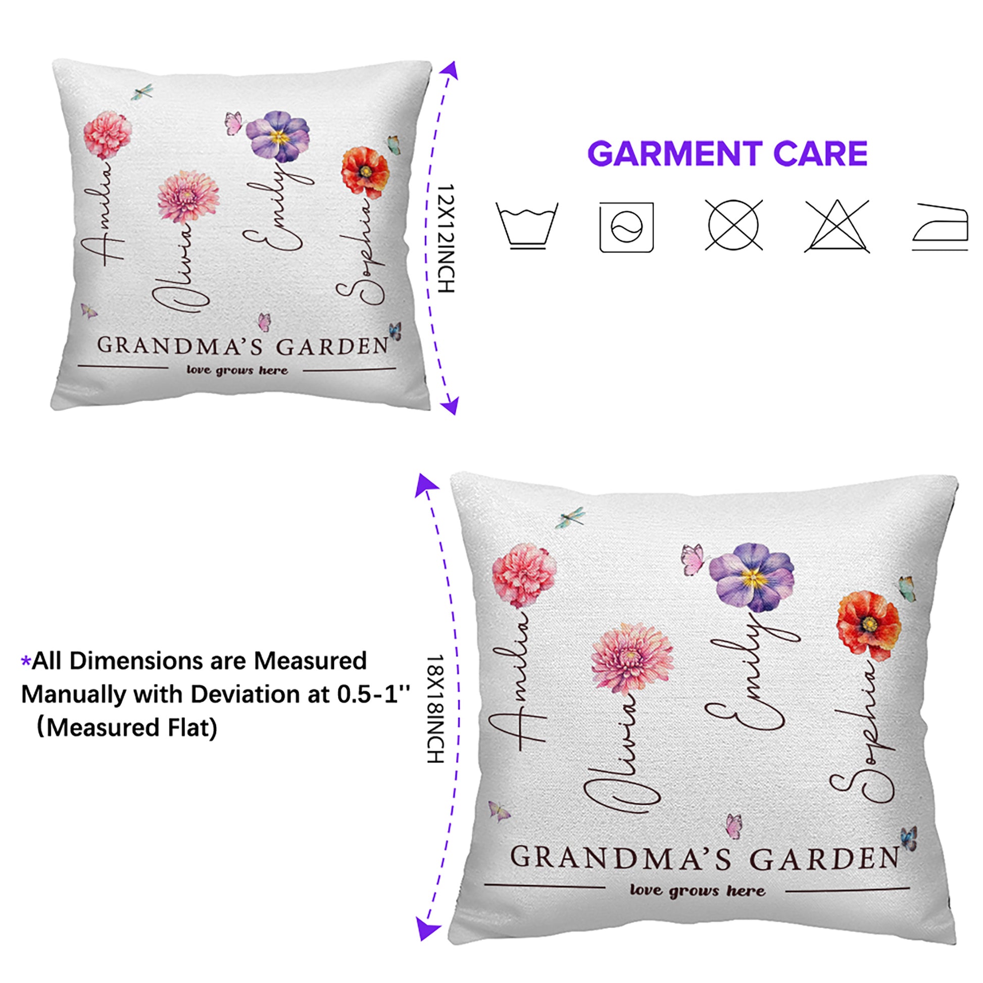 Grandma's Garden pillow with embroidered grandchild's name

