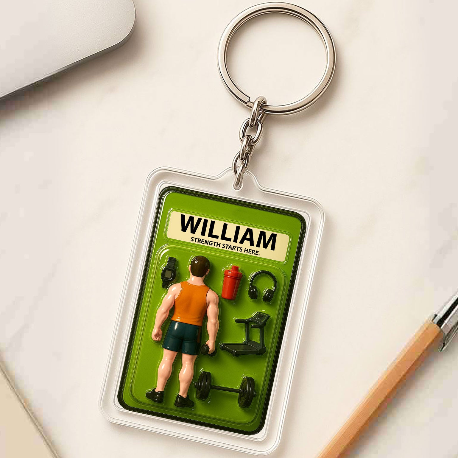 Gym Lover Father's Day 3D Keychain - Personalized "Strength Starts Here" Fitness Gift
