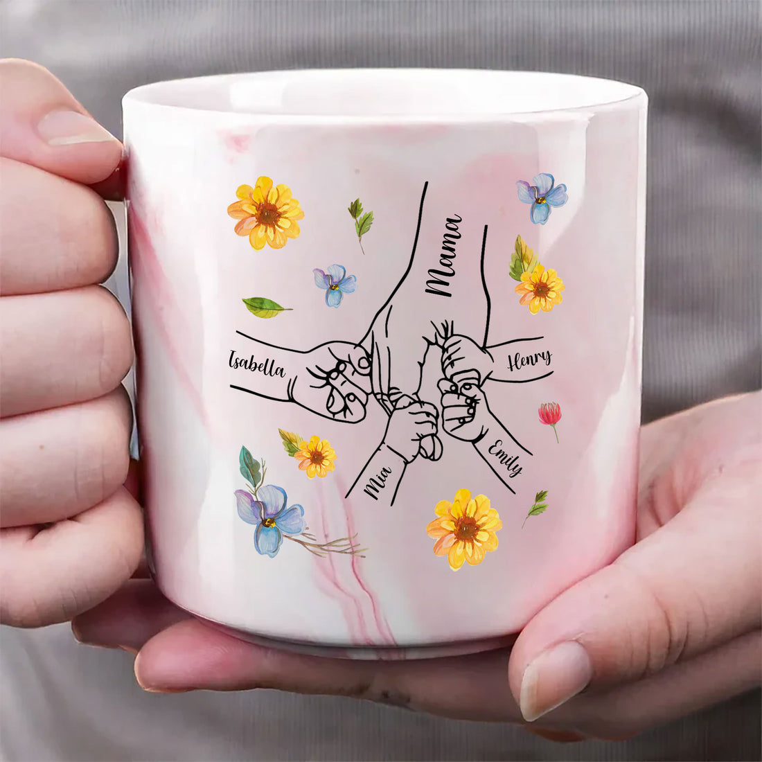 Hand In Hand, I Will Always Protect You 13.5oz Personalized Marble Mug, Custom Name Mug, Customized Mug, Gift For Mom, Gift For Grandma, Gift For Daughter