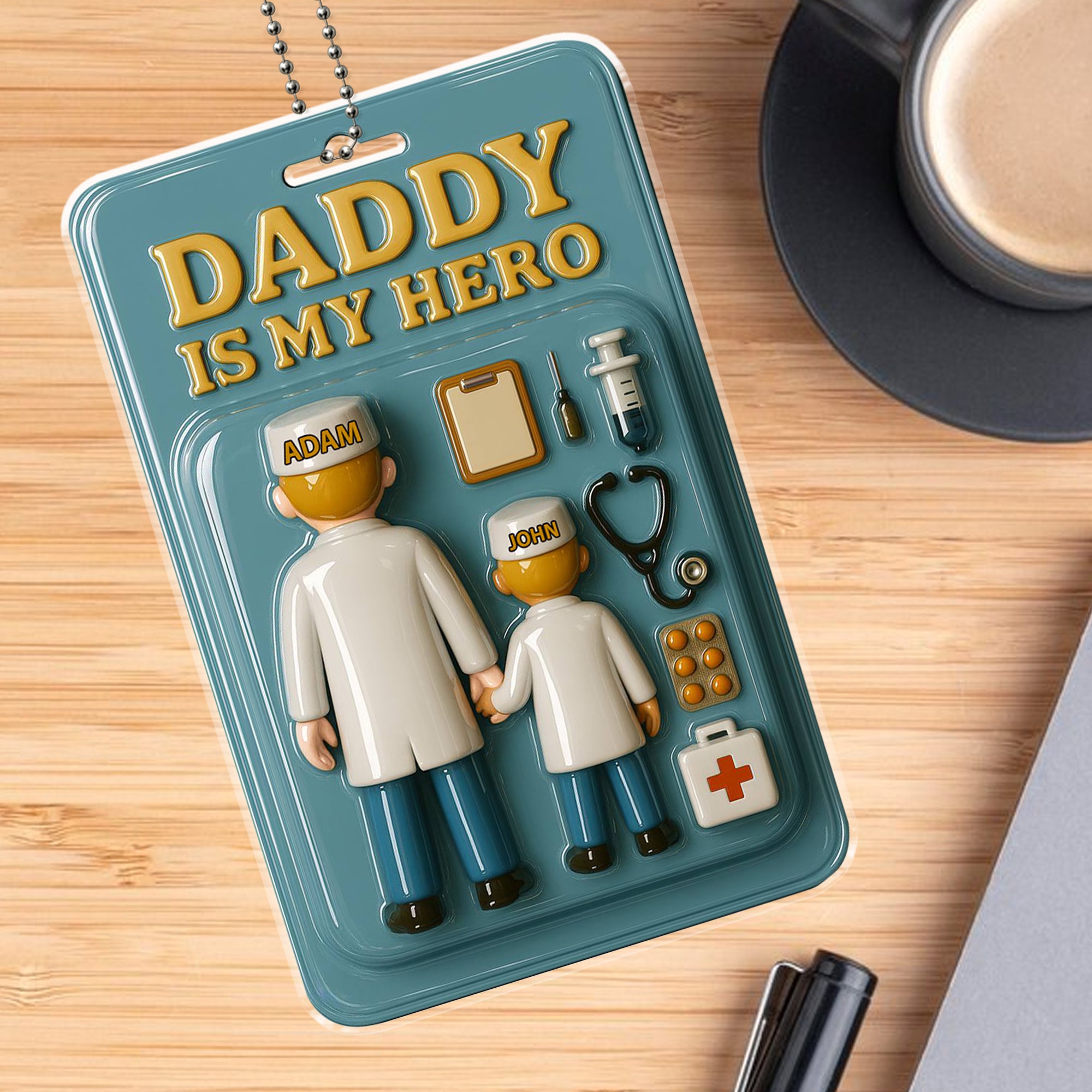 Happy Father’s Day Gift for Doctor Dad – Acrylic Car Hanging Ornament Featuring Father and Son in Medical Coats Holding Hands with 'Daddy Is My Hero' Message
