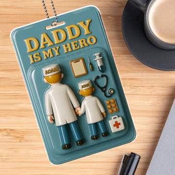 Happy Father’s Day Gift for Doctor Dad – Acrylic Car Hanging Ornament Featuring Father and Son in Medical Coats Holding Hands with 'Daddy Is My Hero' Message