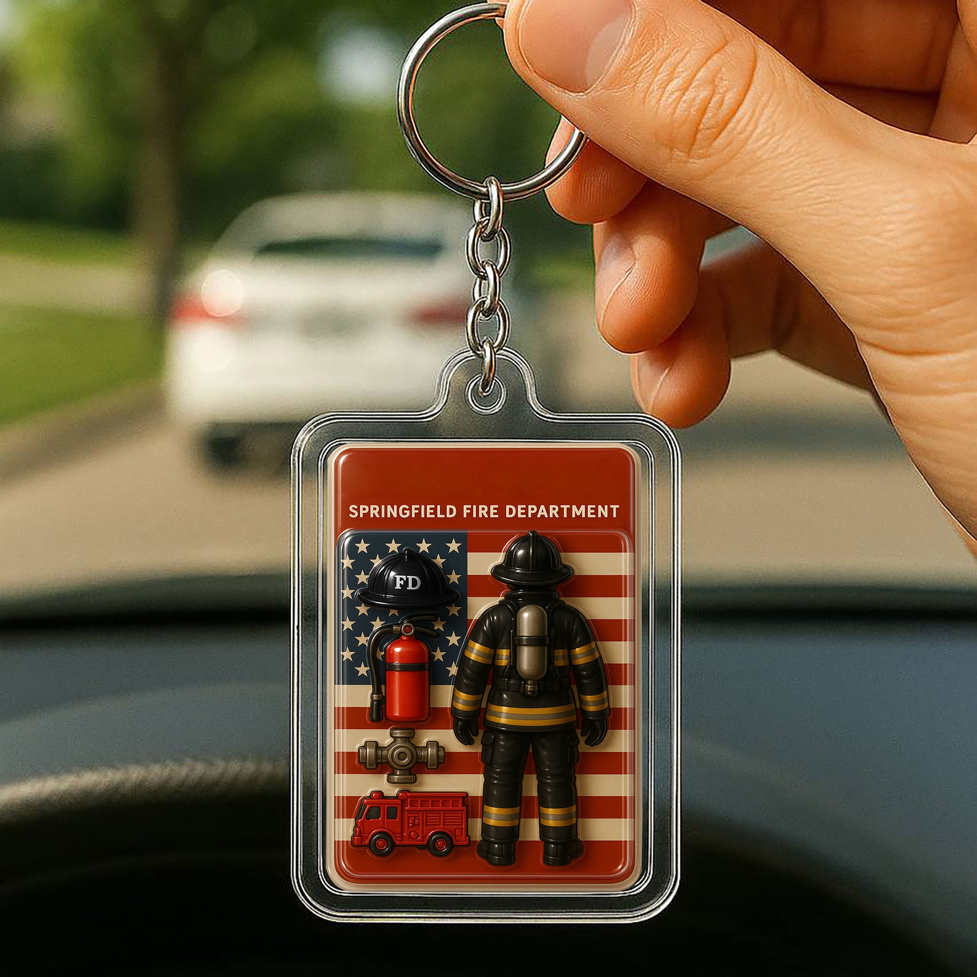 Happy Father’s Day Gift for Firefighter – Custom Acrylic Keychain in 3D Fire Suit Design – Personalized for Hero Dads

