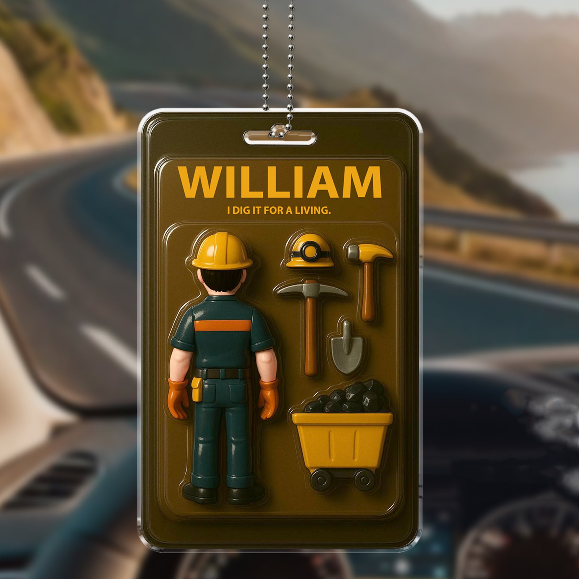 Happy Father’s Day Gift for Mining Dad – Personalized Miner Car Ornament – Acrylic Rearview Decor for Excavation Workers