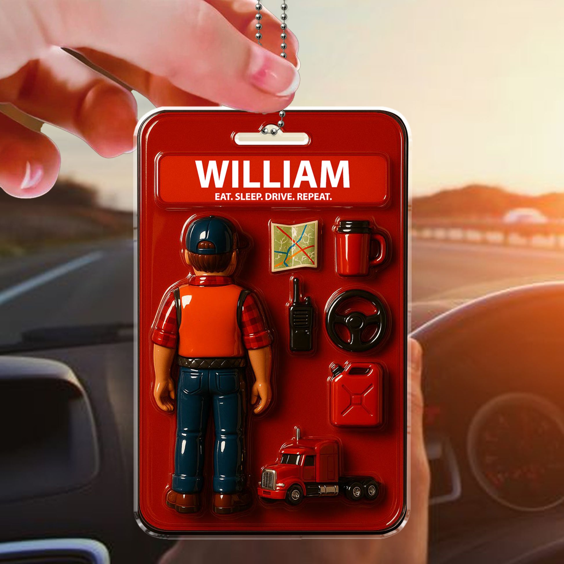 Happy Father’s Day Gift for Trucker Dad – Personalized Acrylic Rearview Ornament with Rig and Steering Wheel Icons
