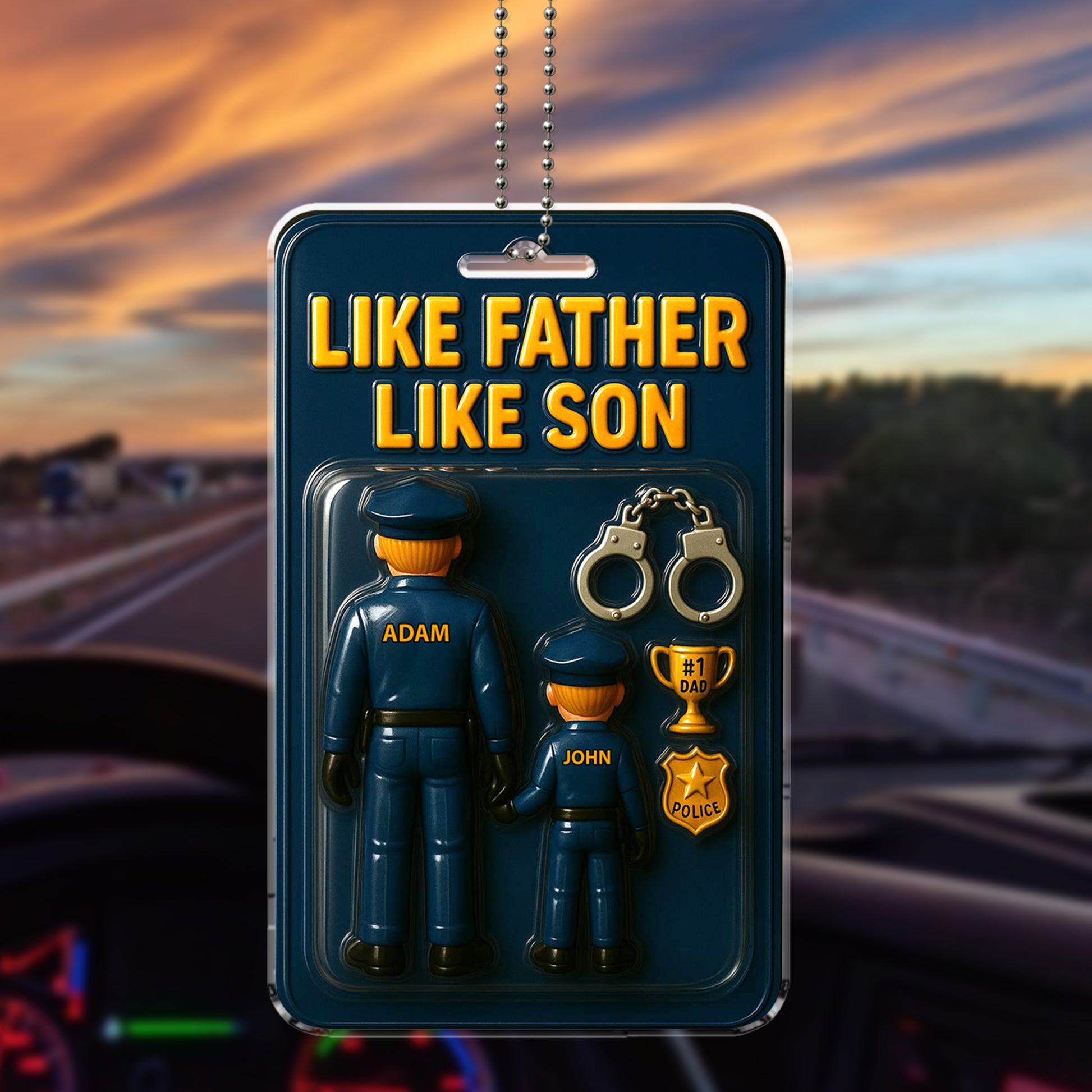 Happy Father’s Day Police Dad Gift – “Like Father Like Son” Ornament – Unique Car Decor for Law Enforcement Heroes and Their Children