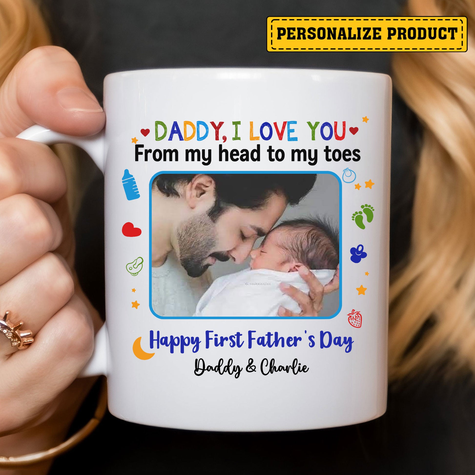 Happy First Father’s Day Ceramic Mug – Custom Gift for New Dads with Baby’s Name and Picture – Celebrate Dad Life with a Heartfelt Keepsake Coffee Cup