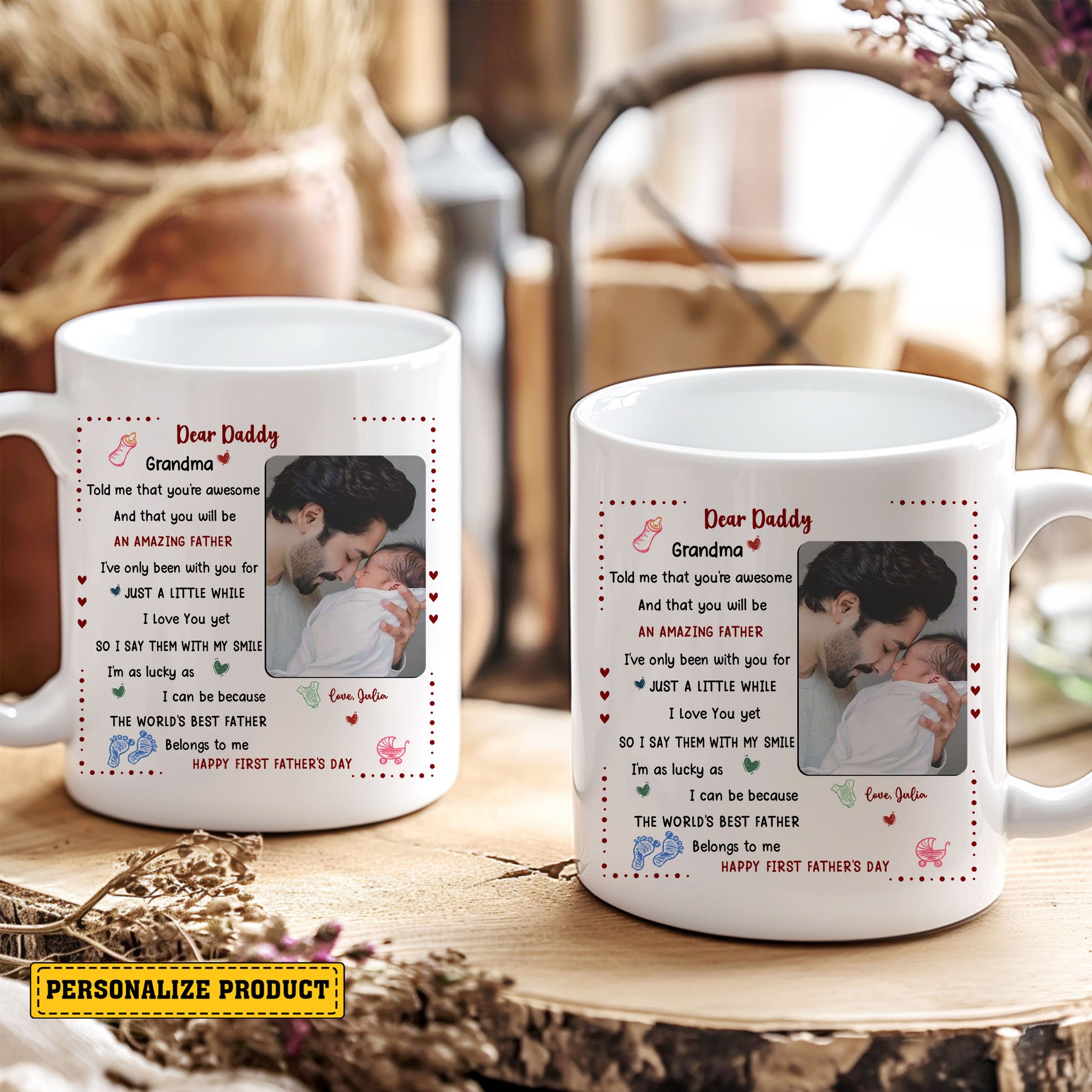 Happy First Father’s Day Gift from Baby – Dear Daddy Personalized Ceramic Mug with Heartfelt Poem and Photo – Keepsake for New Dads Living the Dad Life

