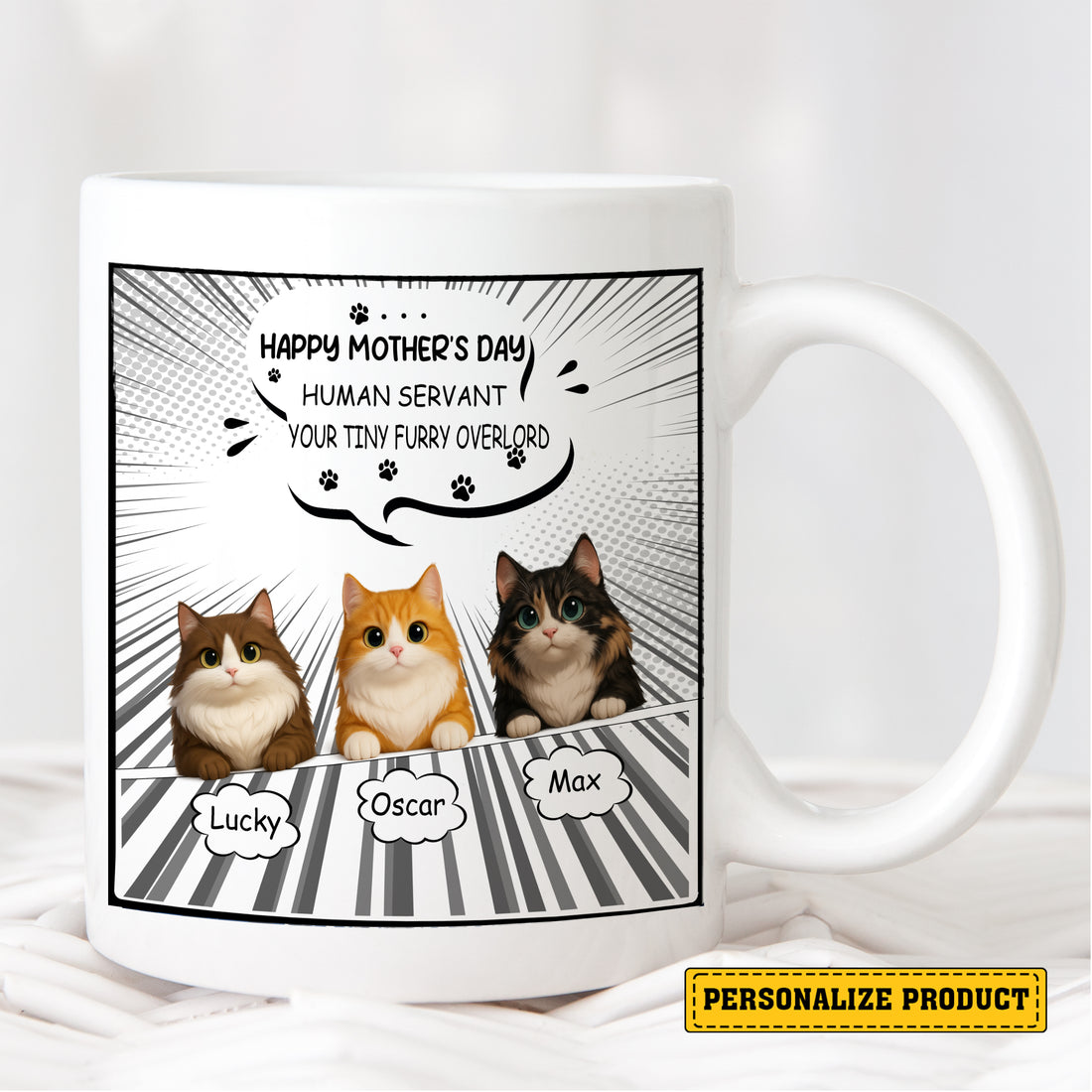 Happy Mother's Day Human Servant Your Tiny Furry Overlord - Personalized Comic Book Style Mug for Cat Mom