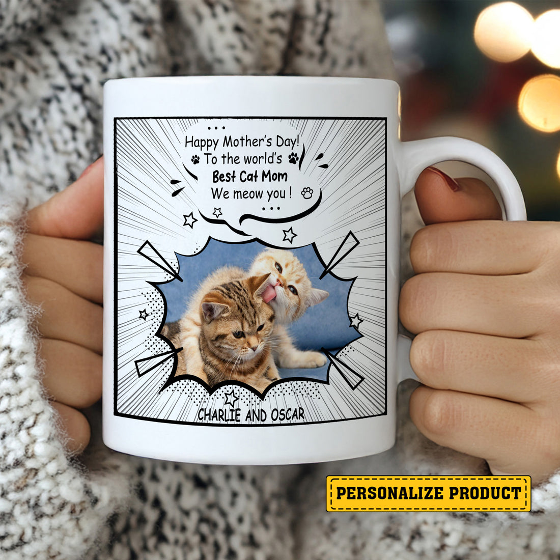Happy Mother's Day To the world's Best Cat Mom We Meow You mug - Personalized Mother's Day Comic Photo Mug