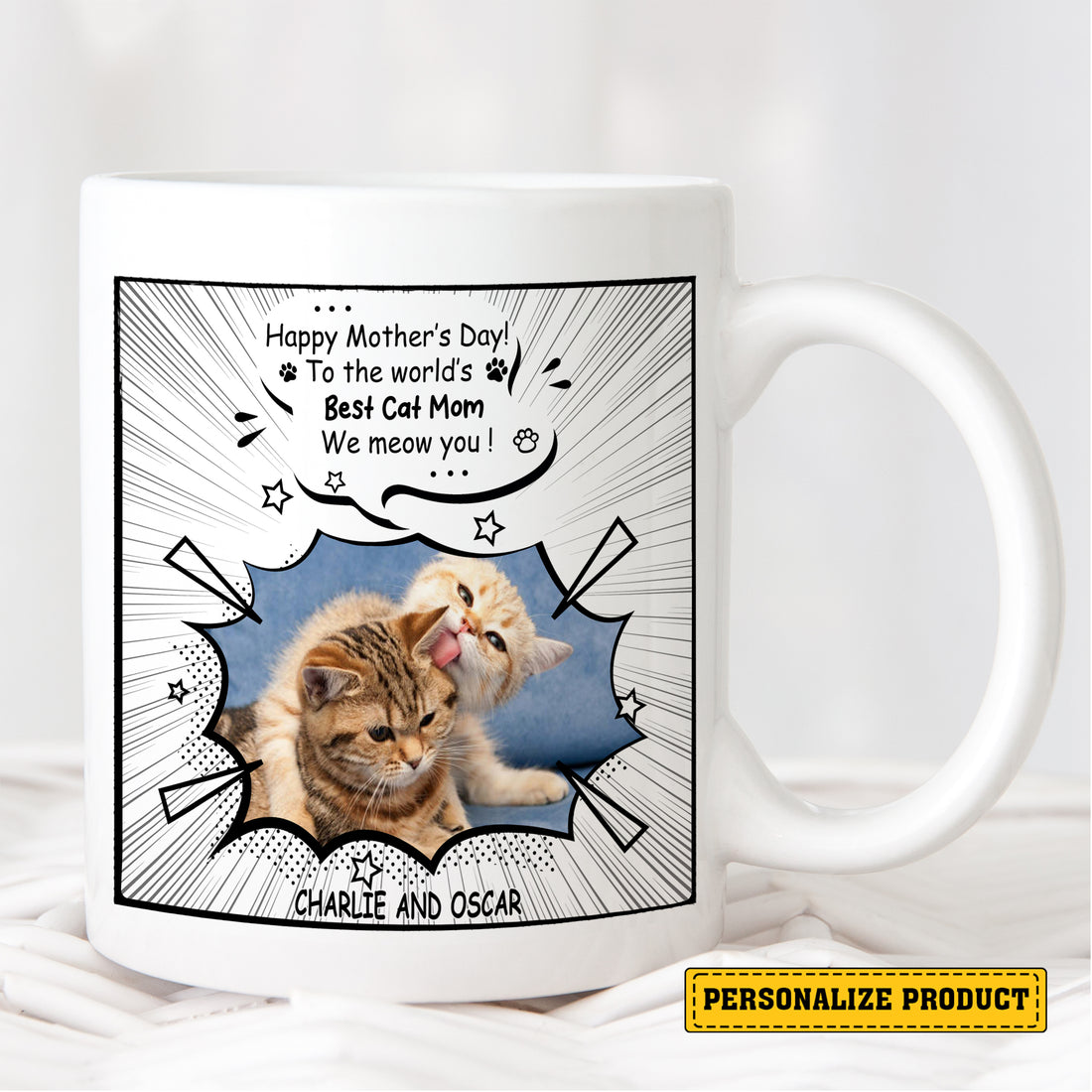 Happy Mother's Day To the world's Best Cat Mom We Meow You mug - Personalized Mother's Day Comic Photo Mug