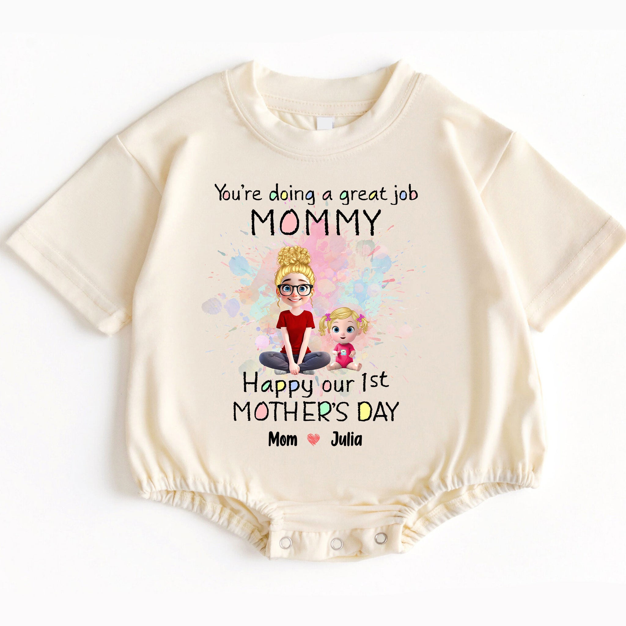 Make her first Mother's Day truly magical and unforgettable with our "You're Doing A Great Job Mommy - Happy Our First Mother's Day" Romper Baby Bodysuit. Order yours today and give the gift of love, comfort, and cherished memories that will last a lifetime!