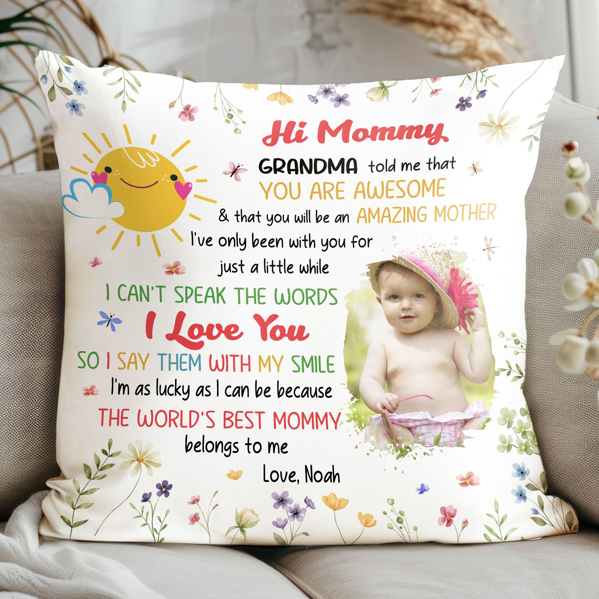 Hi Mommy Grandma Told Me That You Are Awesome Personalized Pillow, Gift for Her, Gift For Mother, Gift For Granddaughter, Grandson, Kids - Mother's Day Gift